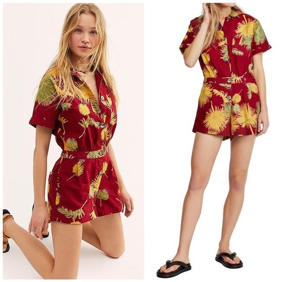 Free People Red Malibu Tropical Romper - Picture 2 of 5